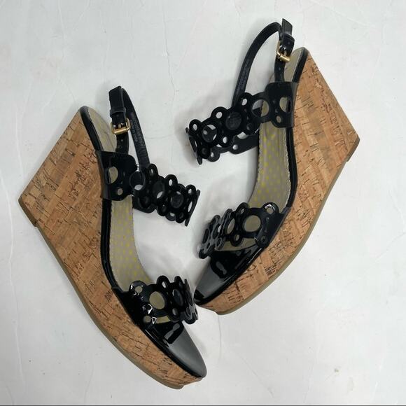 BODEN Cork Wedge Heels Womens Size 41 Patent Leather Sandals Chic Summer Vaca - Picture 2 of 9